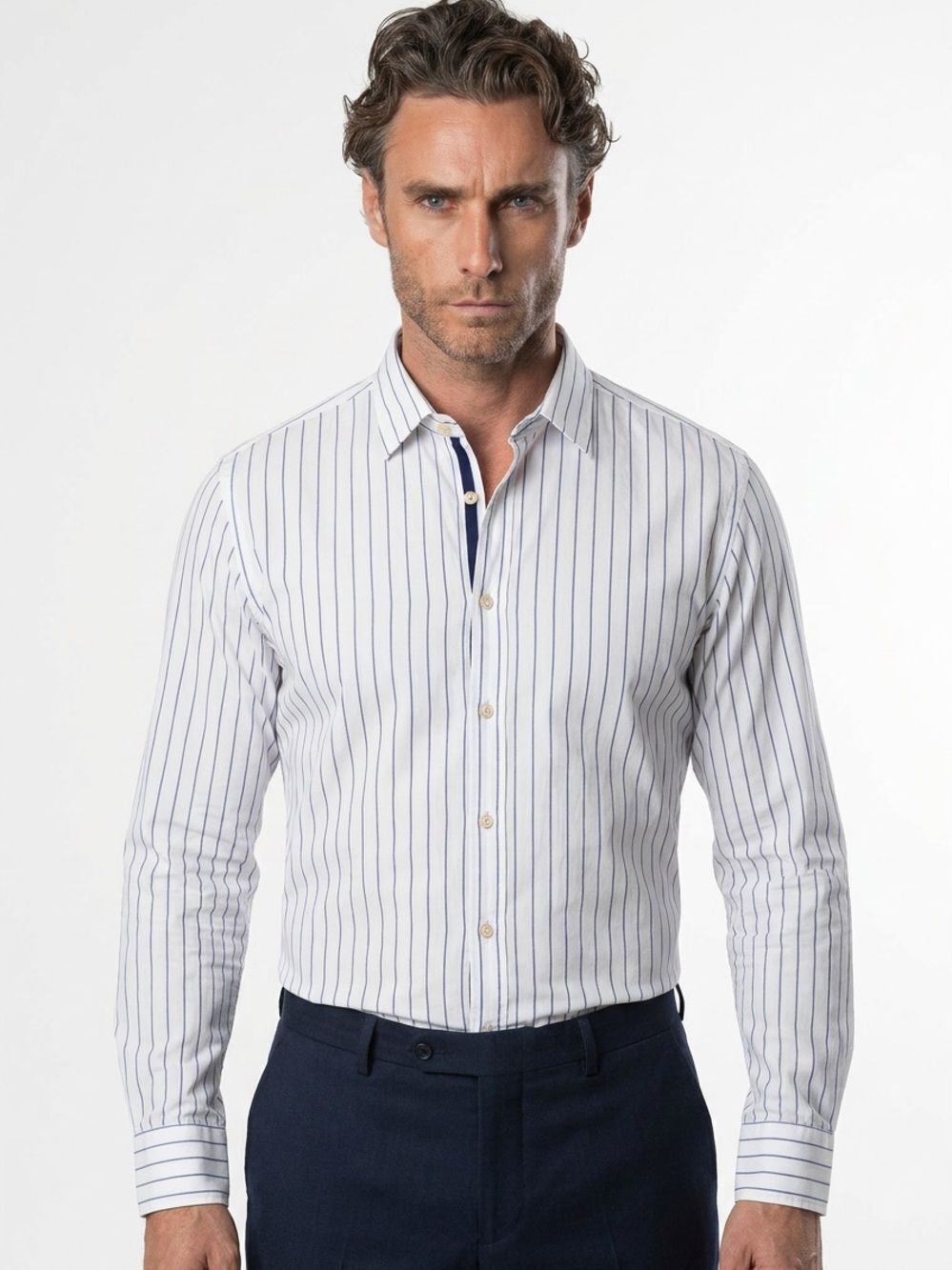 GMF 965 | NEW Men’s White & Blue Long Sleeve Button Front Shirt Size 46 X-Large